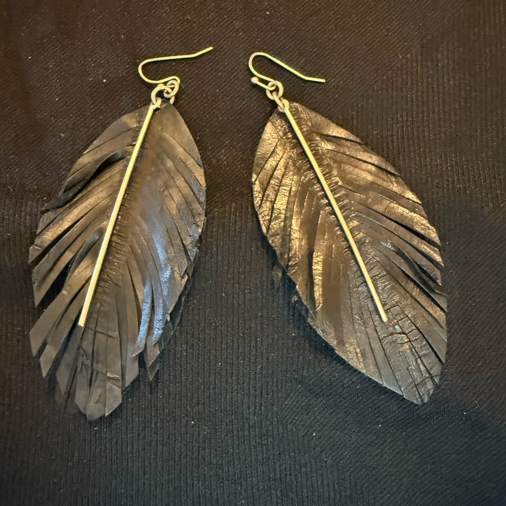 Leather Black and silver Leaf Earrings